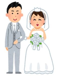 明るい新郎新婦が行進